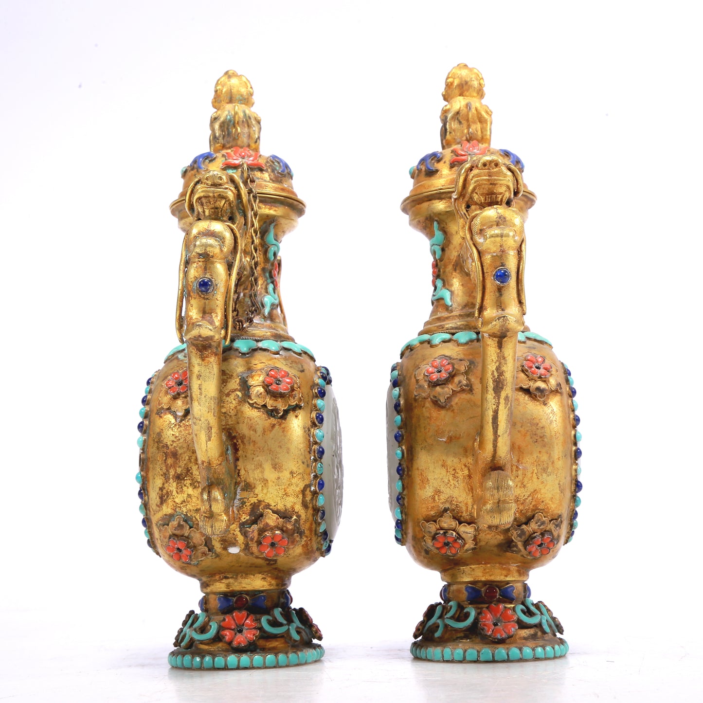 A Fantastic Pair Of Gilt-Bronze Gem-Inlaid 'Dragon' Ewers