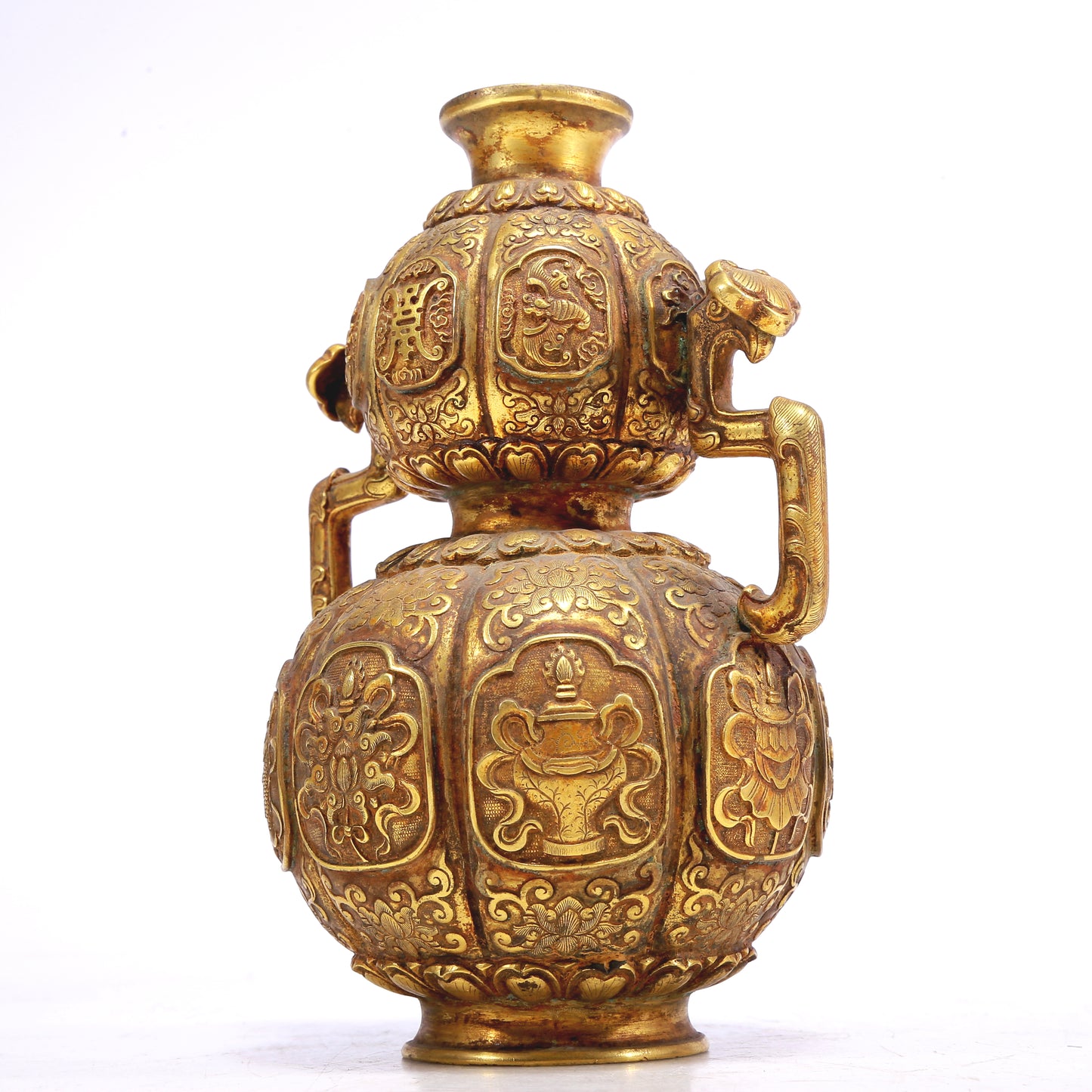 An Excellent Gilt-Bronze 'Weapons Of The Eight Immortals' Ruyi-Handled Gourd-Form Vase