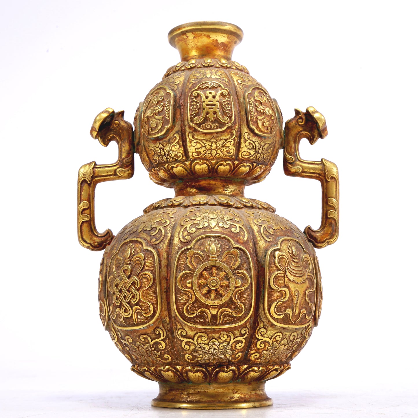 An Excellent Gilt-Bronze 'Weapons Of The Eight Immortals' Ruyi-Handled Gourd-Form Vase