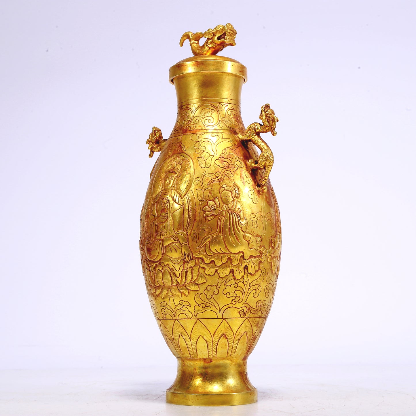 An Excellent Gilt-Bronze 'Bodhisattva' Dragon-Handled Vase And Cover