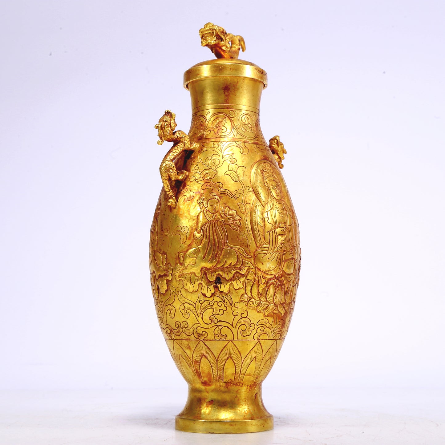 An Excellent Gilt-Bronze 'Bodhisattva' Dragon-Handled Vase And Cover