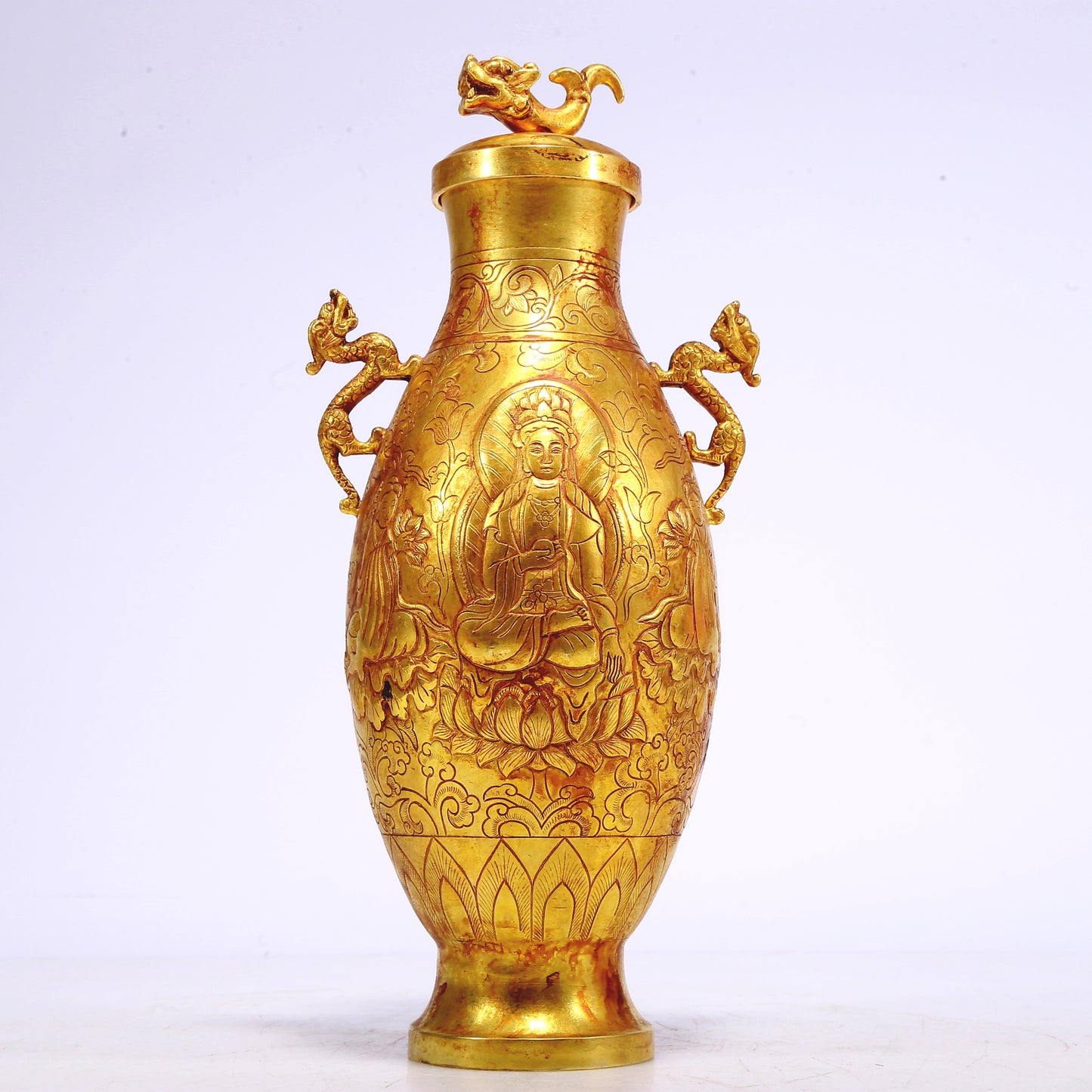 An Excellent Gilt-Bronze 'Bodhisattva' Dragon-Handled Vase And Cover