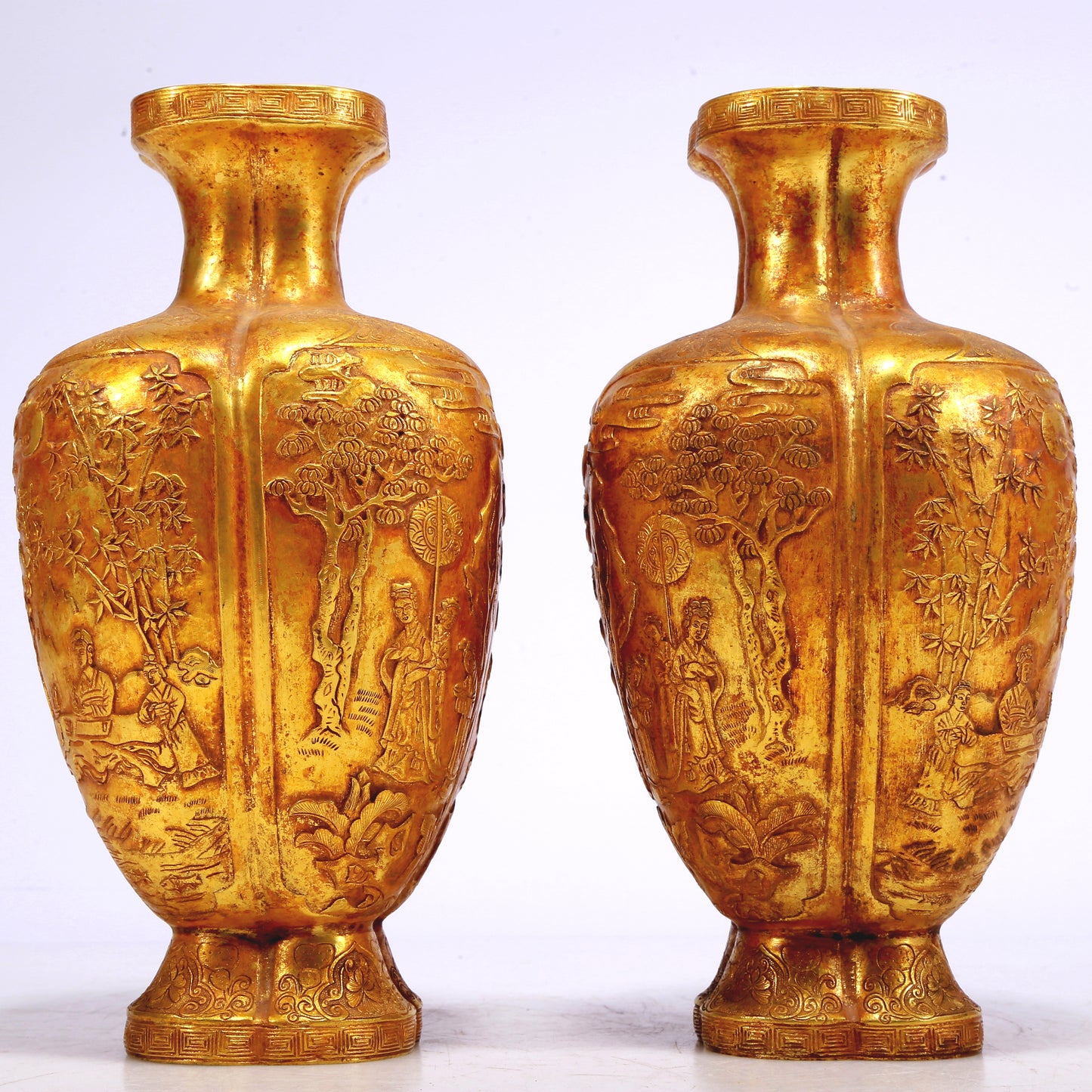 An Excellent Pair Of Gilt-Bronze 'Figure& Landscape' Vases