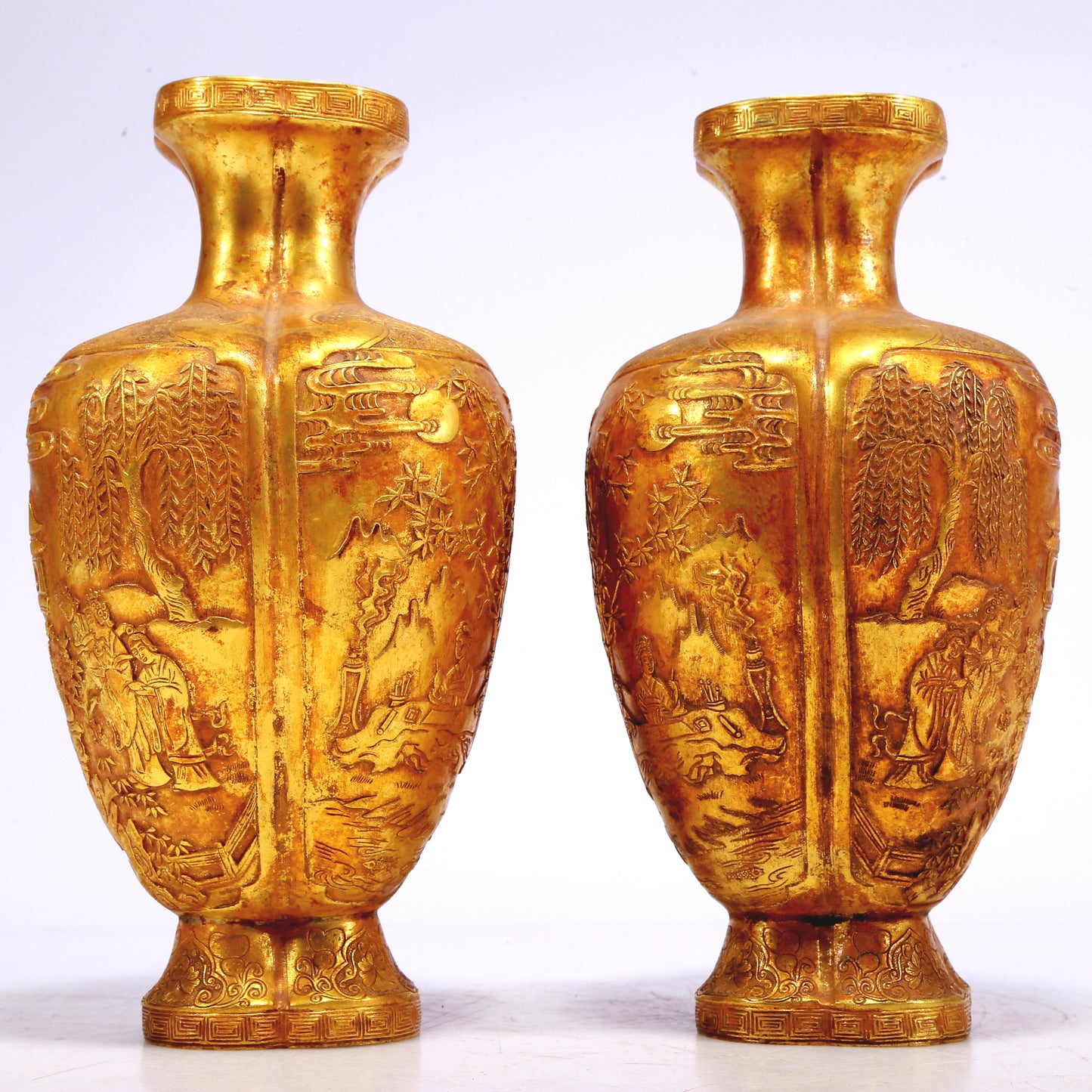 An Excellent Pair Of Gilt-Bronze 'Figure& Landscape' Vases