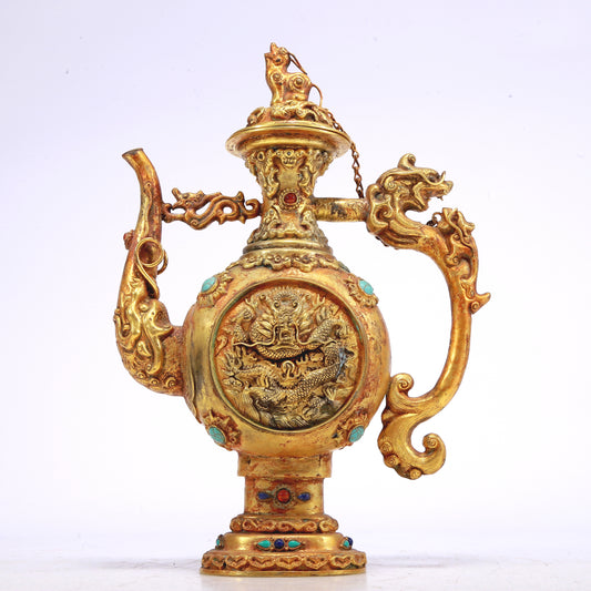 An Excellent Gilt-Bronze Gem-Inlaid 'Dragon& Auspicious Cloud' Ewer