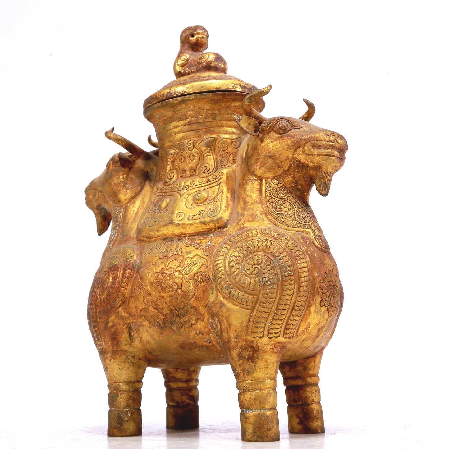 An Excellent Gilt-Bronze Buffalo-Form Vase And Cover