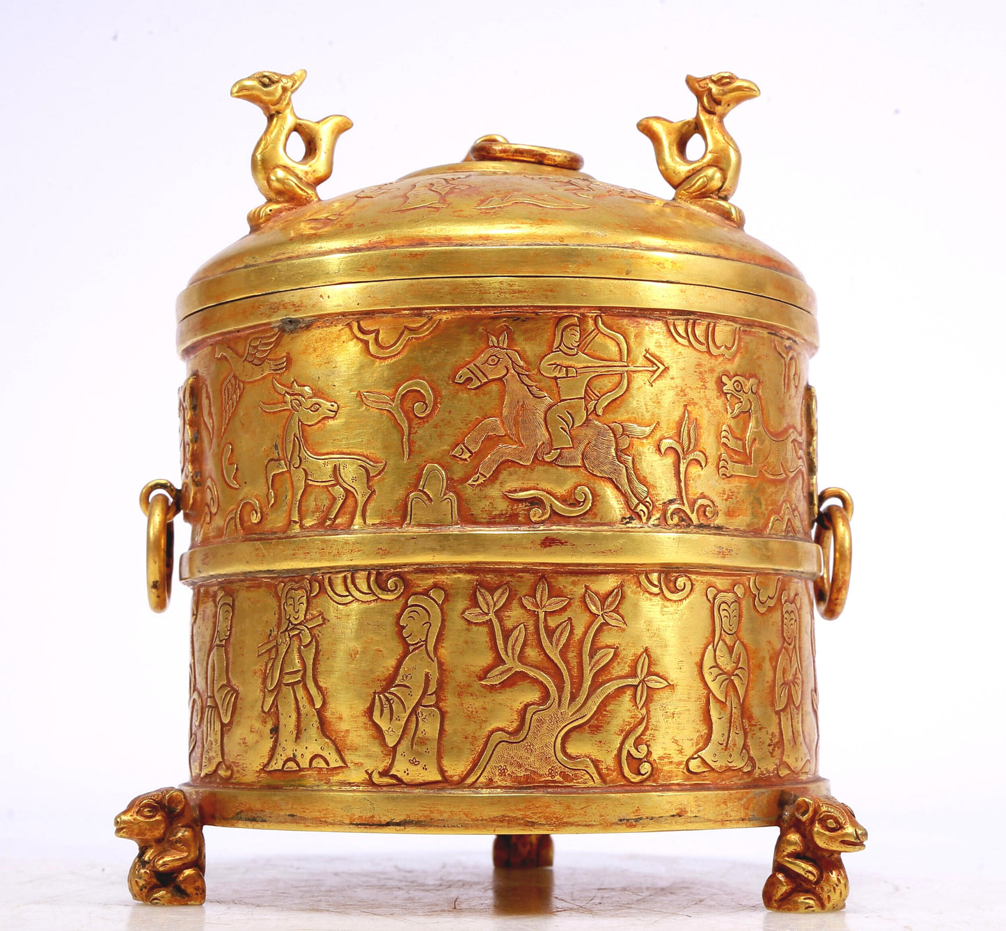 An Excellent Gilt-Bronze 'Hunting' Tripod Jar And Cover