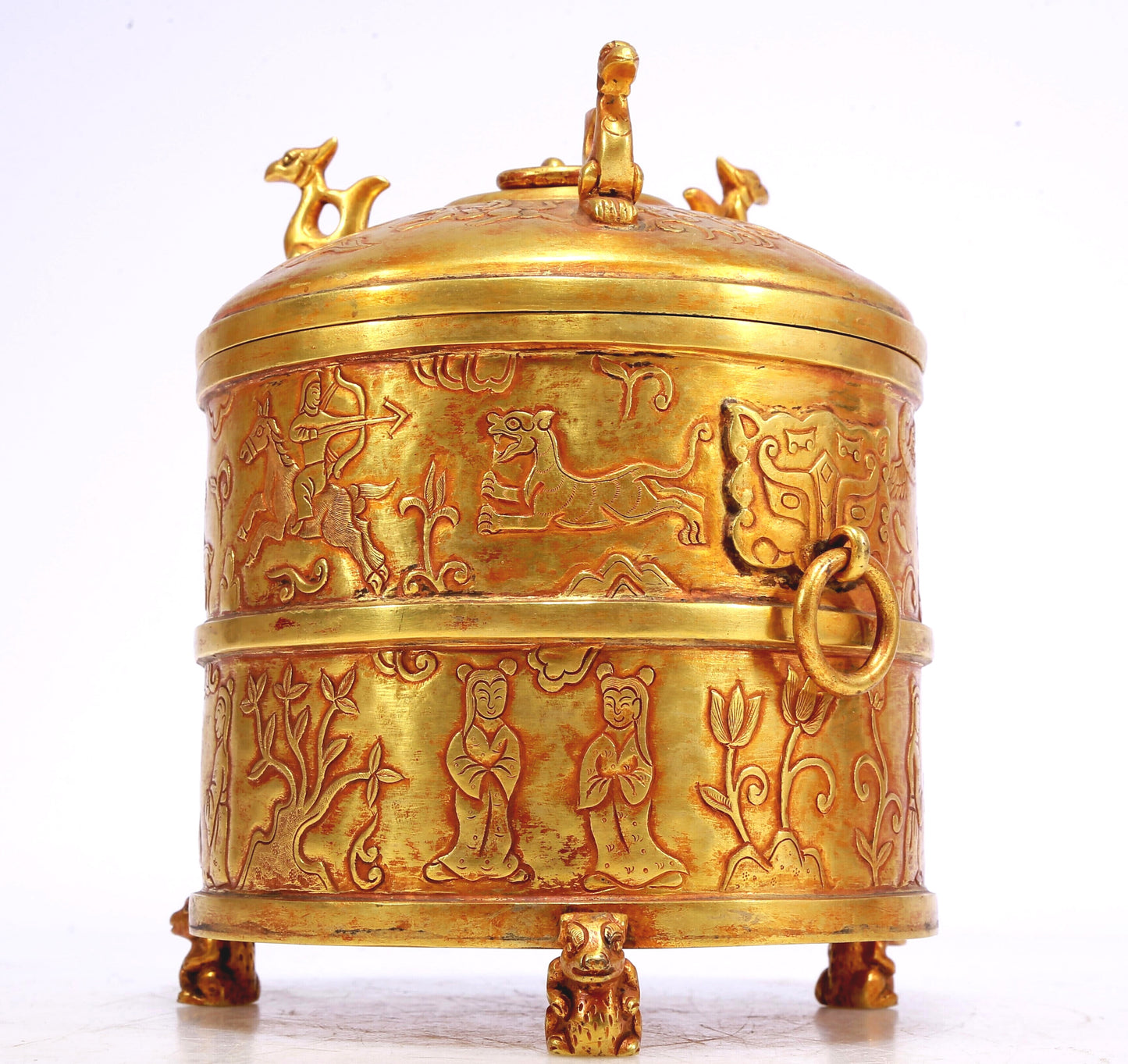 An Excellent Gilt-Bronze 'Hunting' Tripod Jar And Cover