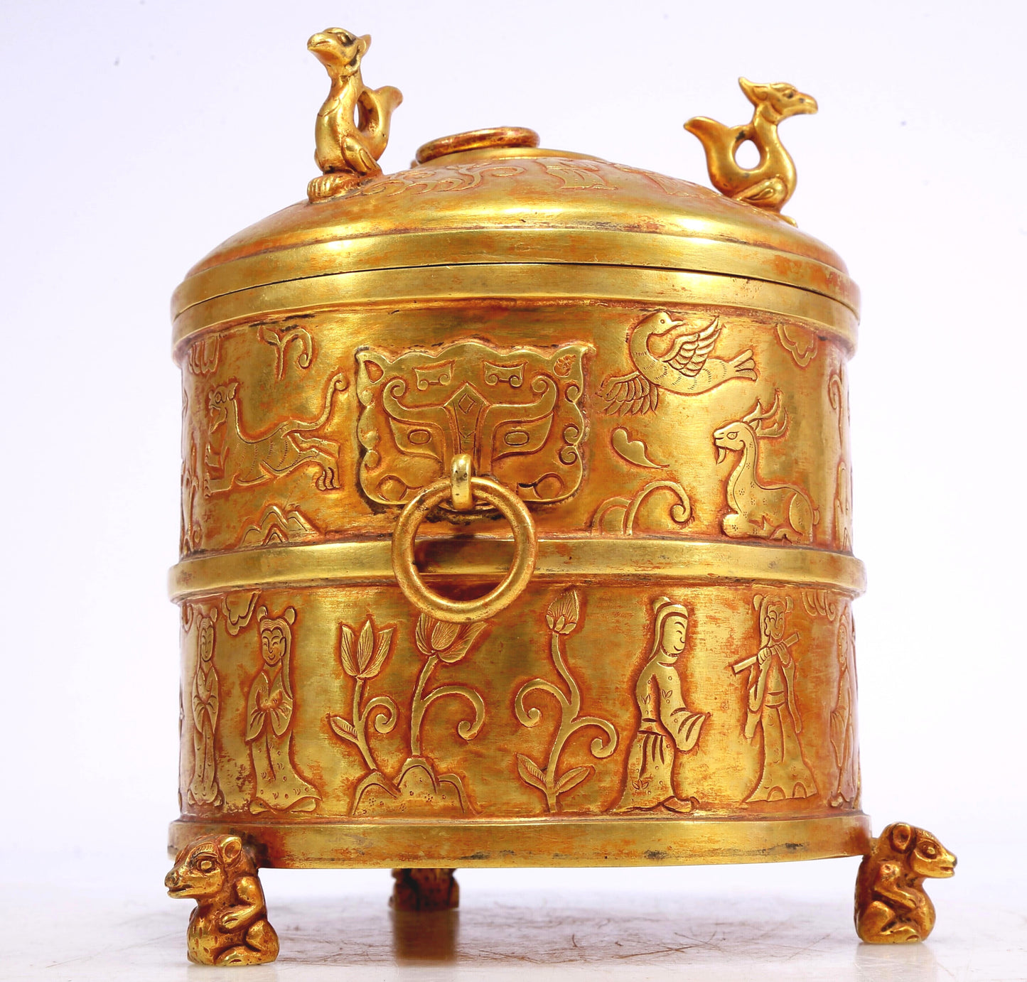 An Excellent Gilt-Bronze 'Hunting' Tripod Jar And Cover