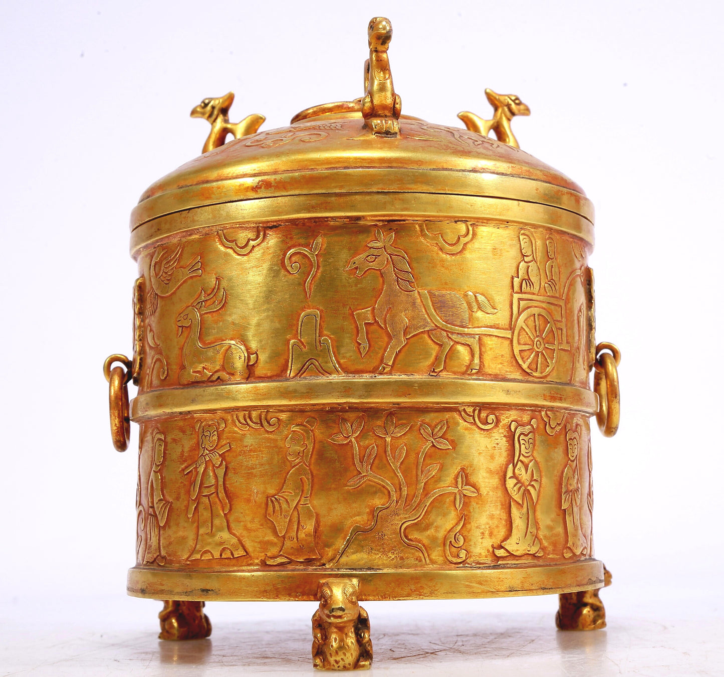 An Excellent Gilt-Bronze 'Hunting' Tripod Jar And Cover