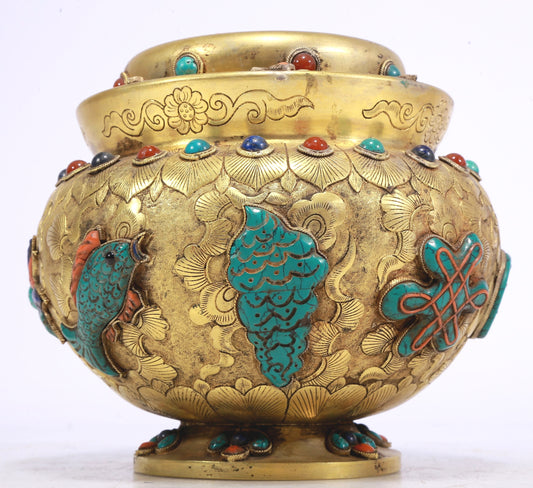 An Excellent Gilt-Bronze Gem-Inlaid 'Weapons Of The Eight Immortals' Jar And Cover