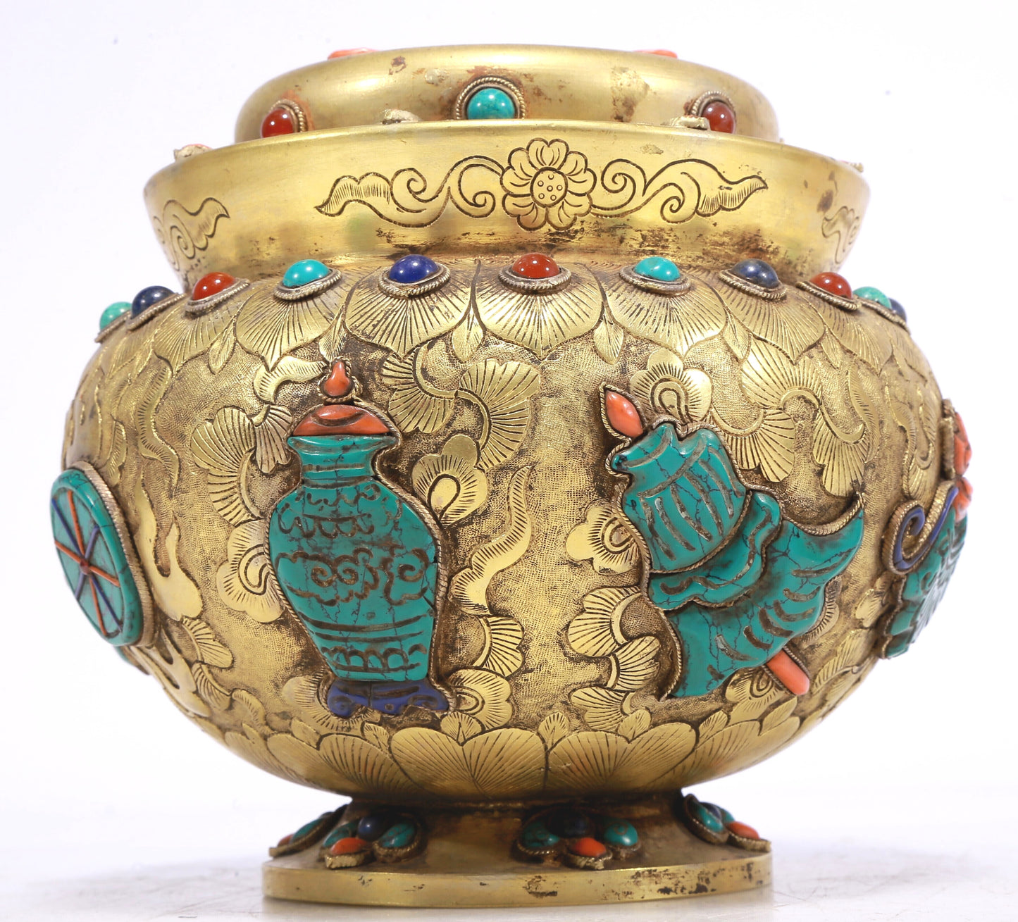 An Excellent Gilt-Bronze Gem-Inlaid 'Weapons Of The Eight Immortals' Jar And Cover