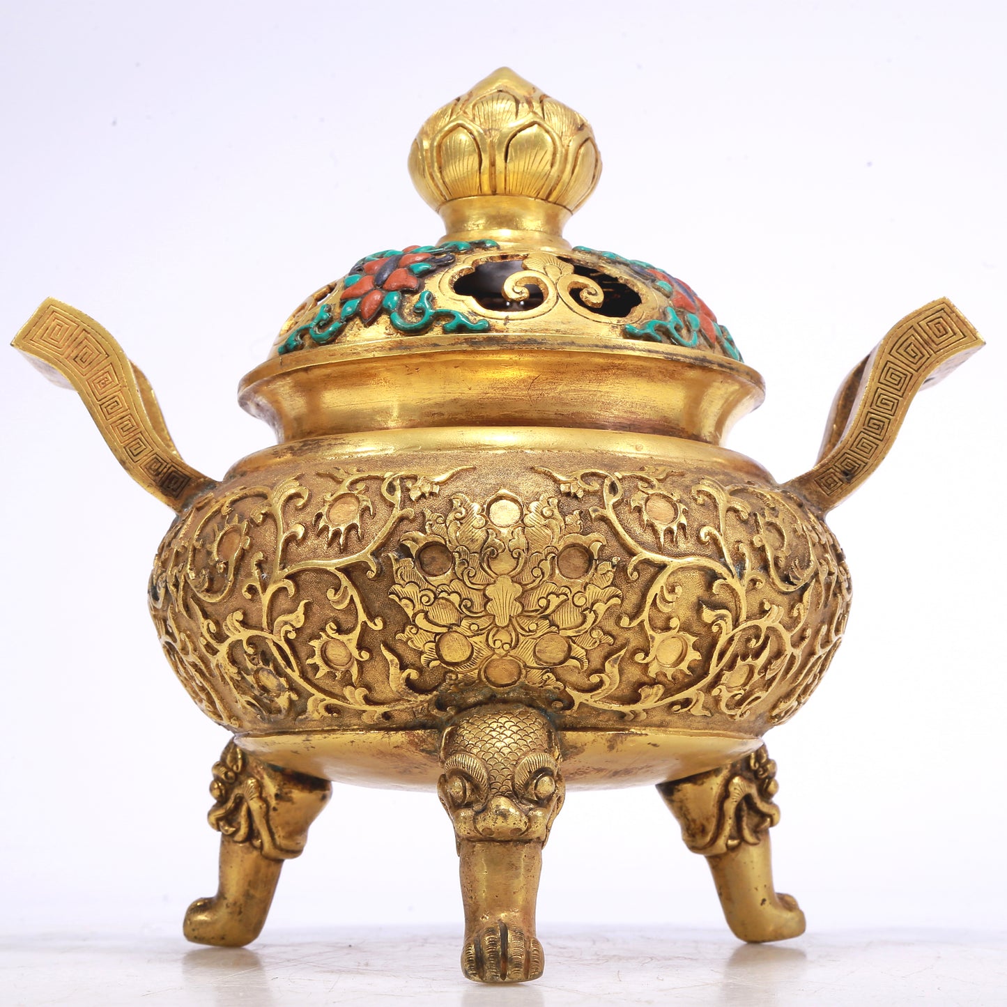 An Excellent Gilt-Bronze Gem-Inlaid 'Scrolling Lotus' Censer And Cover