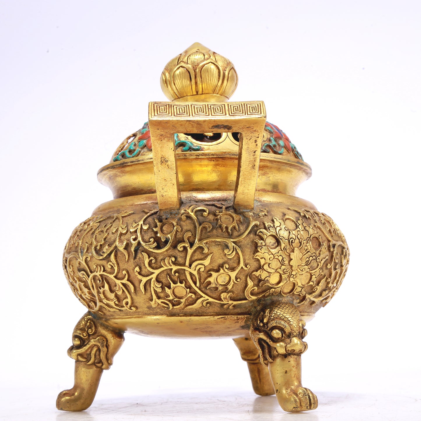 An Excellent Gilt-Bronze Gem-Inlaid 'Scrolling Lotus' Censer And Cover