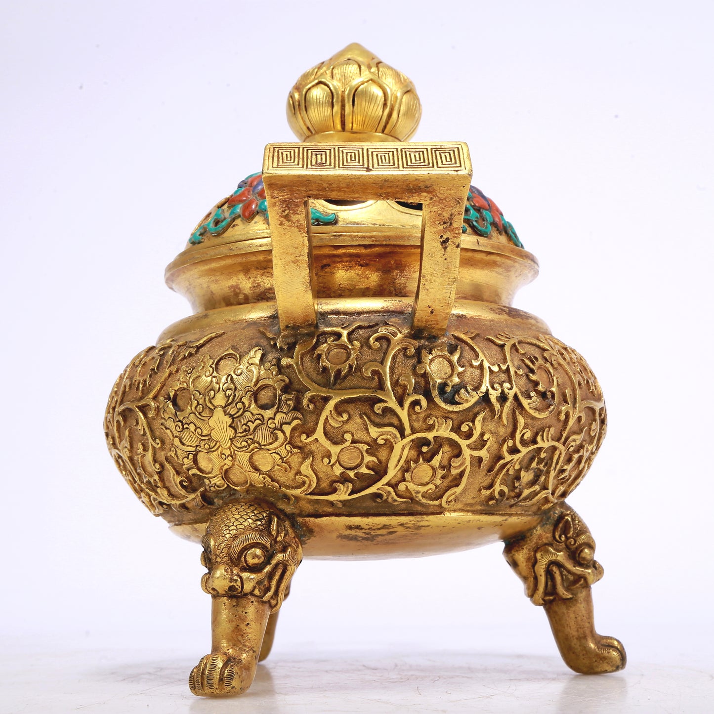 An Excellent Gilt-Bronze Gem-Inlaid 'Scrolling Lotus' Censer And Cover