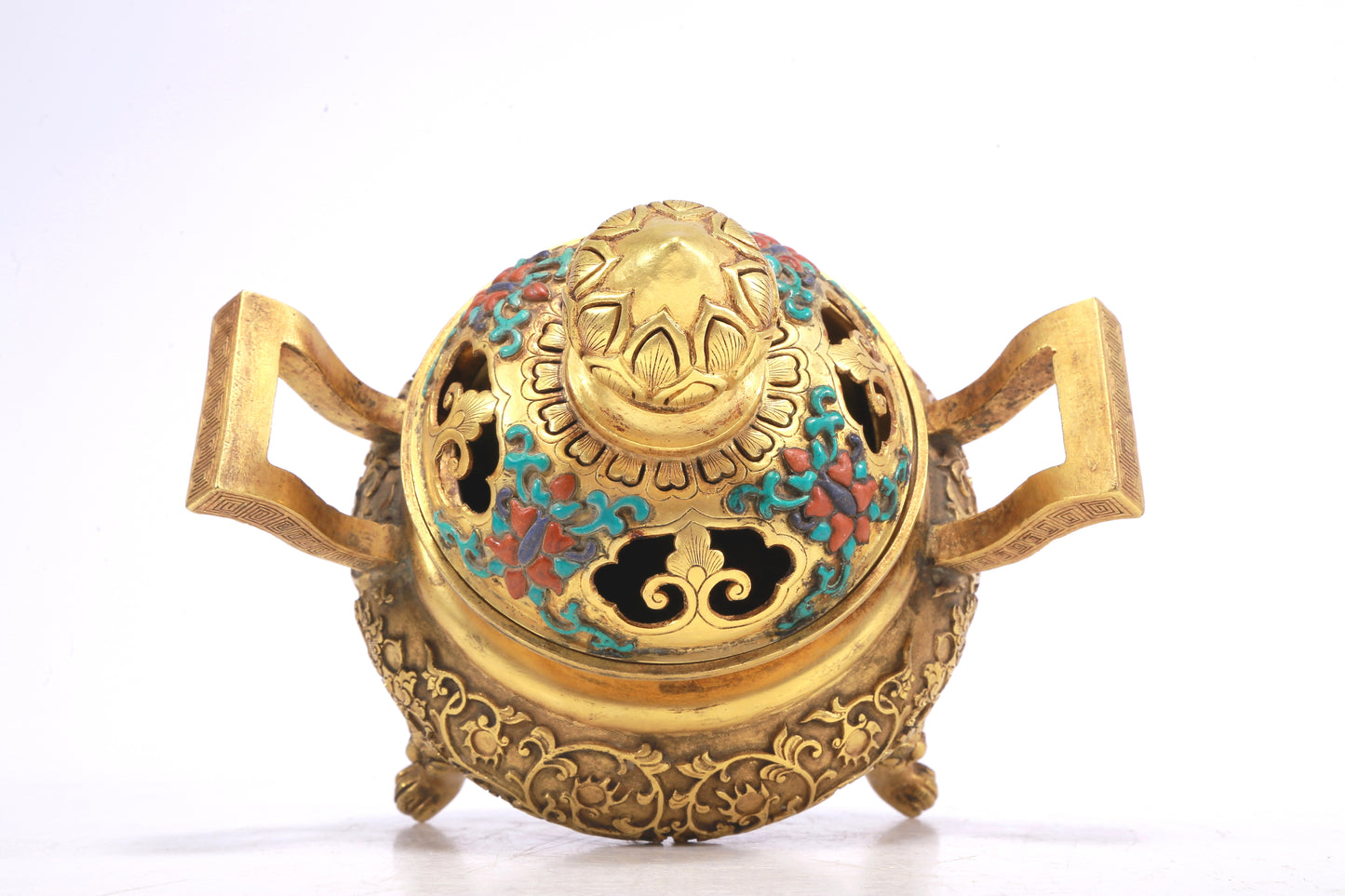 An Excellent Gilt-Bronze Gem-Inlaid 'Scrolling Lotus' Censer And Cover