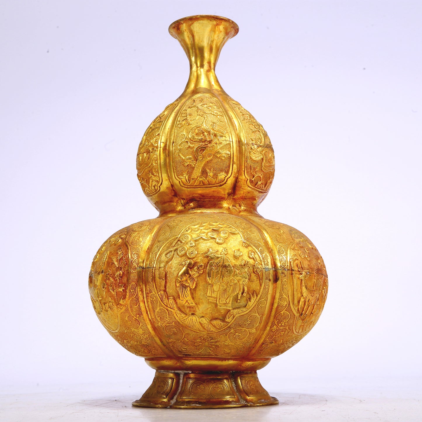 An Excellent Gilt-Bronze 'Scrolling Lotus& Figure' Gourd-Form Vase