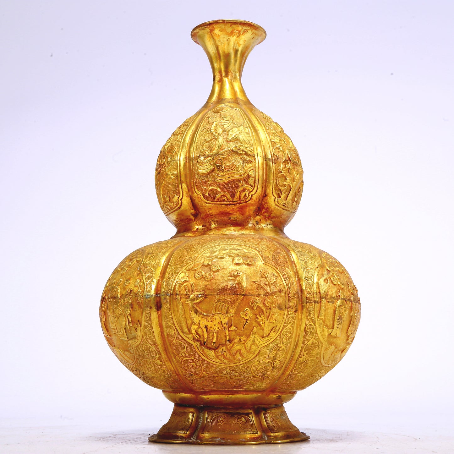 An Excellent Gilt-Bronze 'Scrolling Lotus& Figure' Gourd-Form Vase