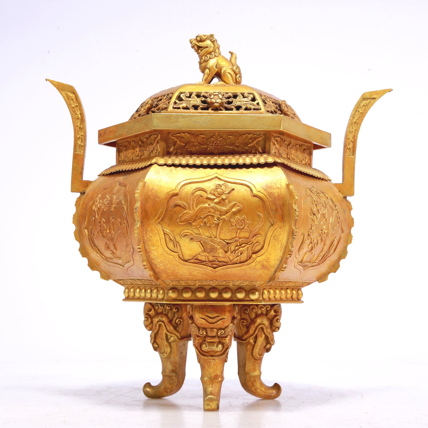 An Excellent Gilt-Bronze 'Bird& Flower' Tripod Censer And Cover