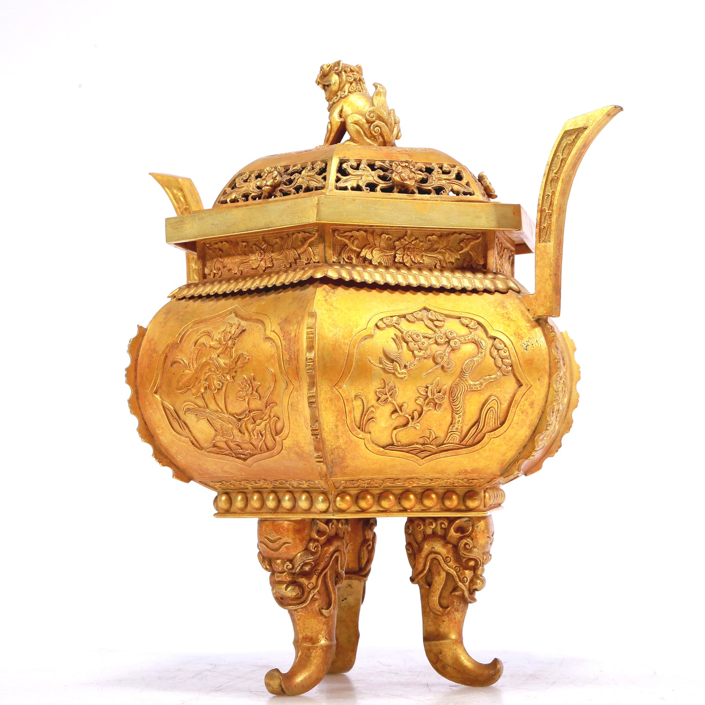 An Excellent Gilt-Bronze 'Bird& Flower' Tripod Censer And Cover