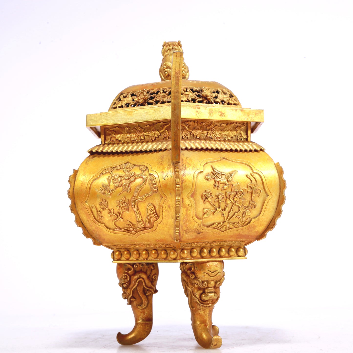 An Excellent Gilt-Bronze 'Bird& Flower' Tripod Censer And Cover