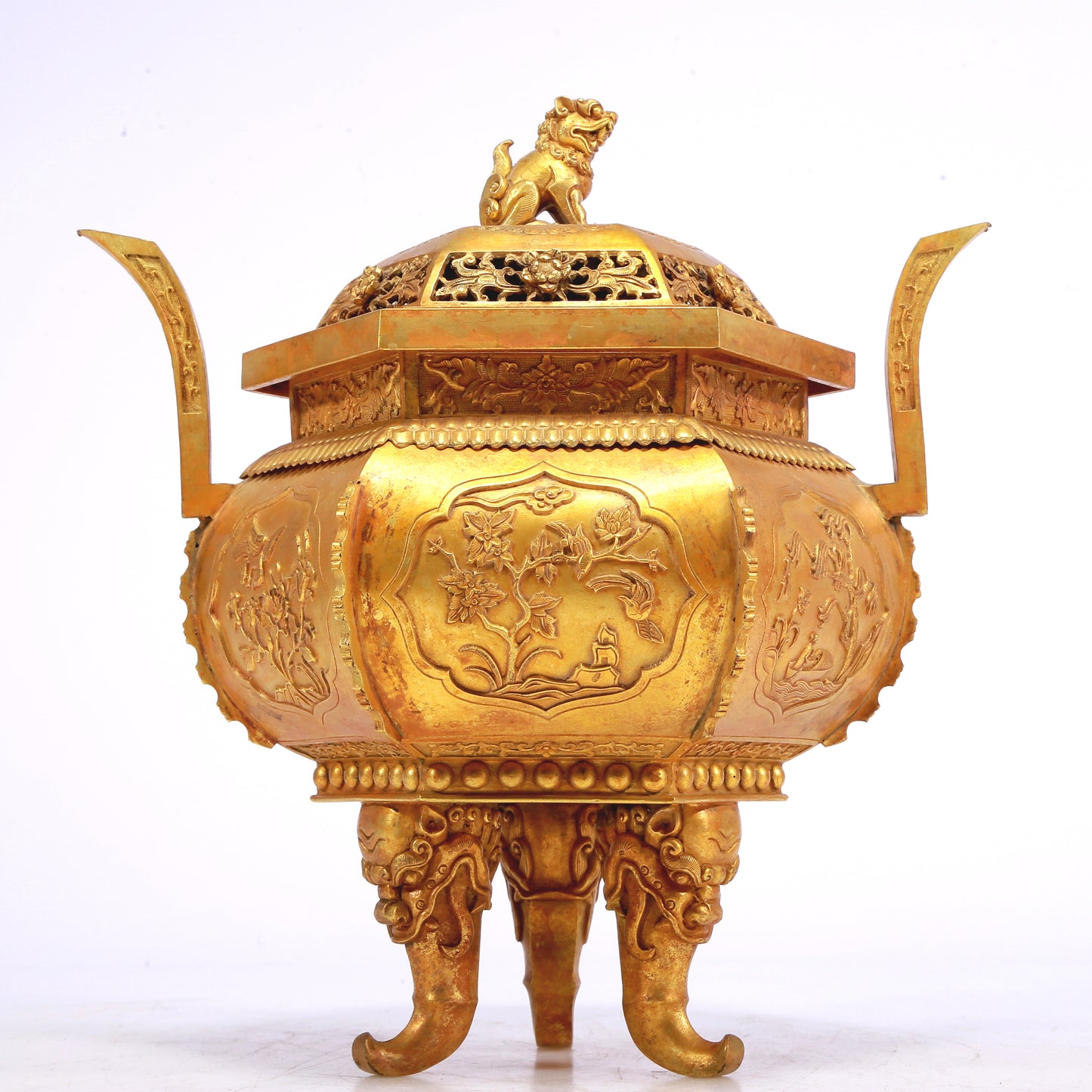 An Excellent Gilt-Bronze 'Bird& Flower' Tripod Censer And Cover