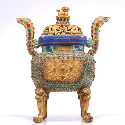 An Excellent Gilt-Bronze Gem-Inlaid 'Dragon' Censer And Cover