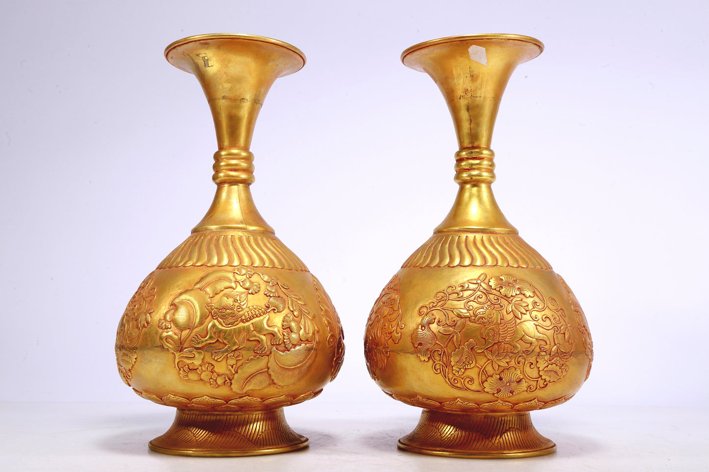 An Excellent Pair Of Gilt-Bronze 'Scrolling Lotus& Auspicious Beast' Vases