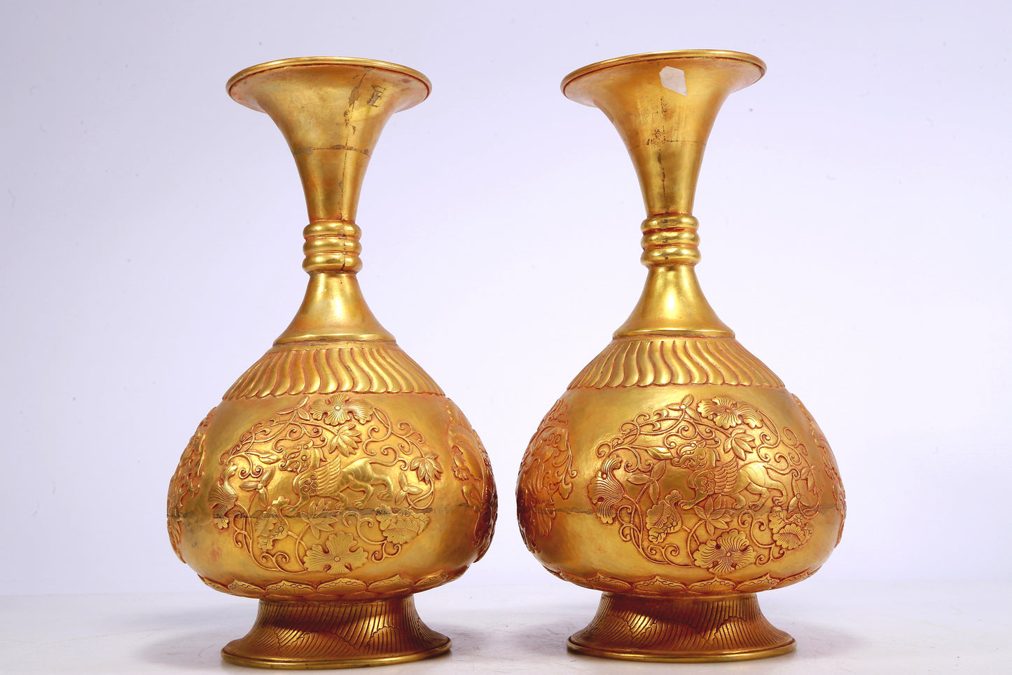 An Excellent Pair Of Gilt-Bronze 'Scrolling Lotus& Auspicious Beast' Vases