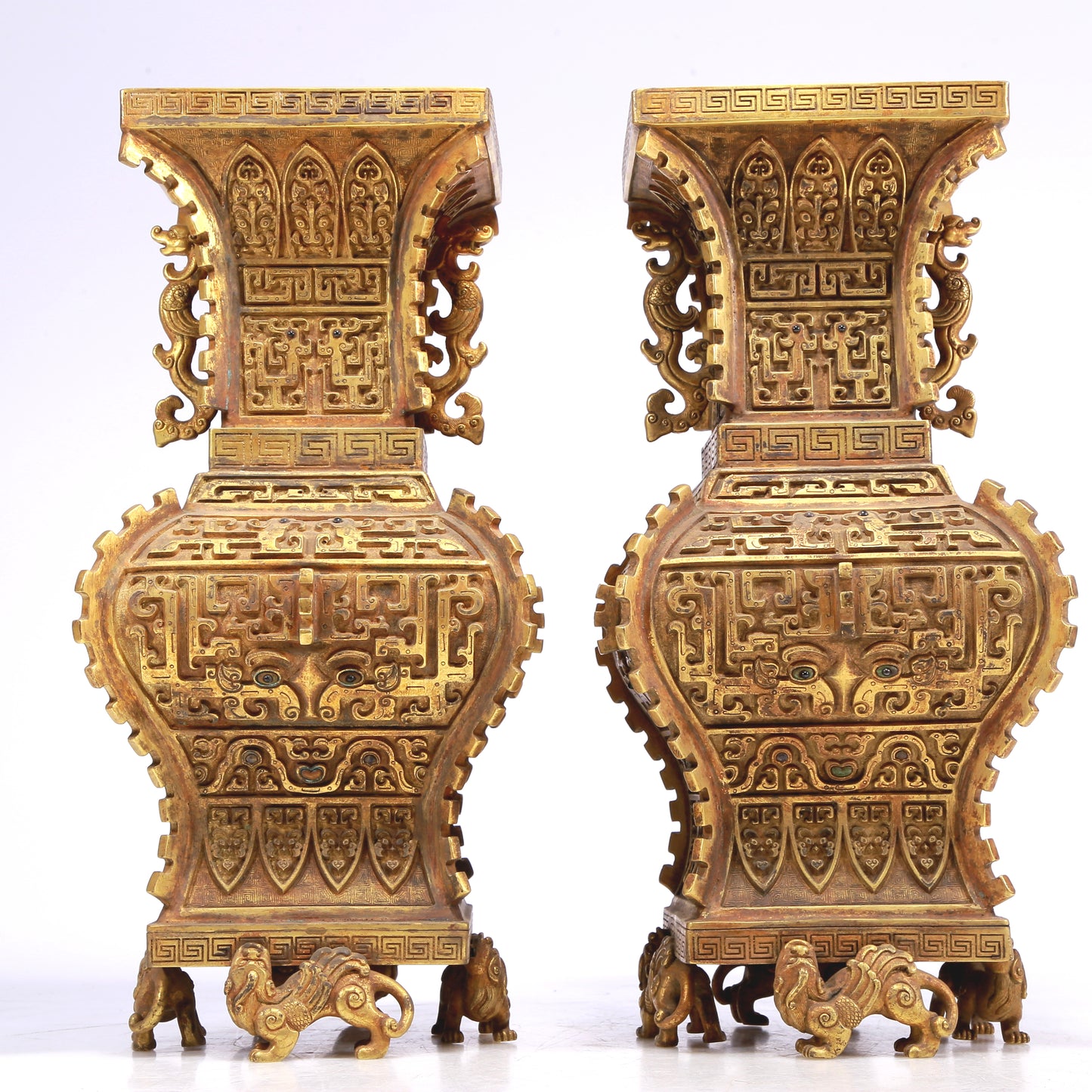 An Excellent Pair Of Gilt-Bronze 'Animal Mask' Dragon-Handled Vases