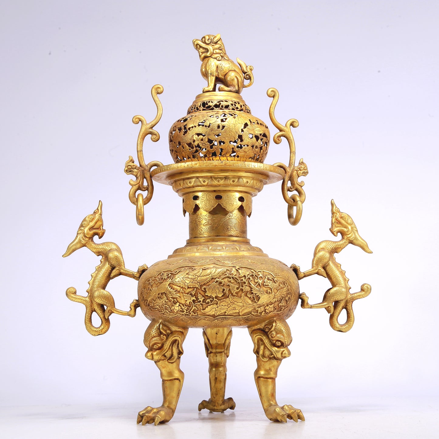 An Excellent Gilt-Bronze 'Scrolling Lotus& Dragon' Tripod Censer