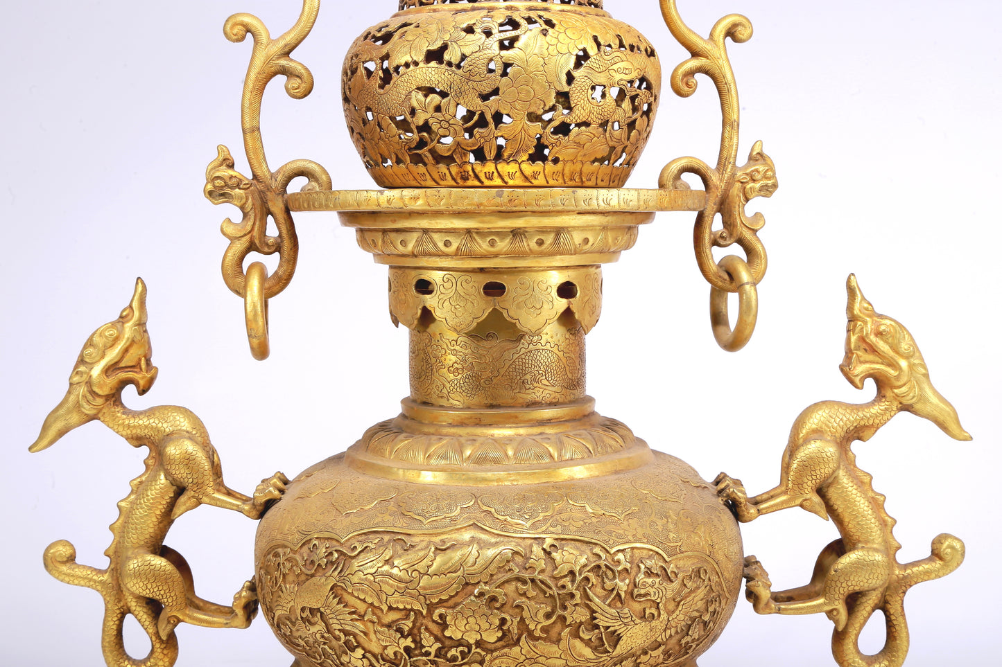 An Excellent Gilt-Bronze 'Scrolling Lotus& Dragon' Tripod Censer