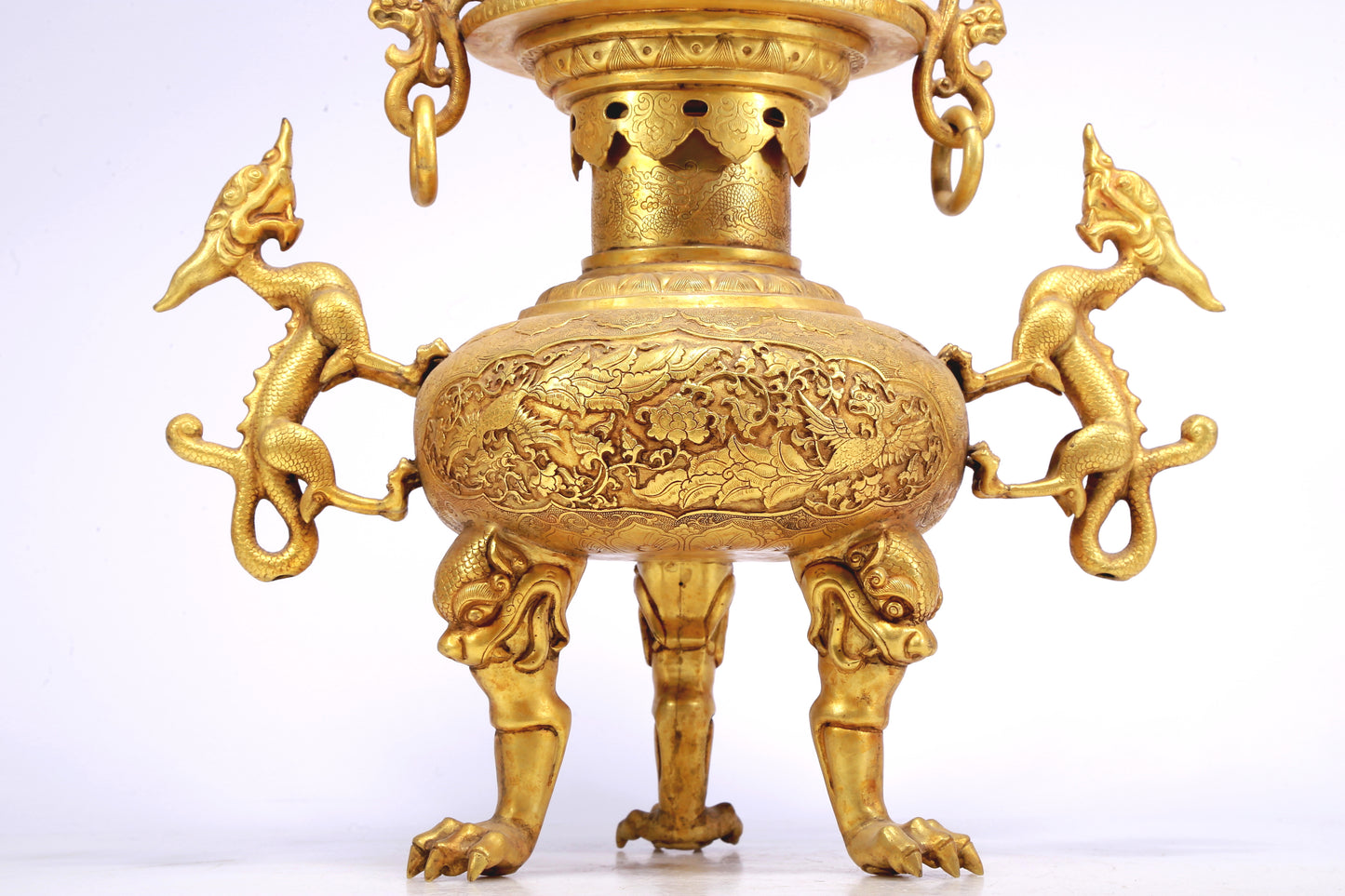 An Excellent Gilt-Bronze 'Scrolling Lotus& Dragon' Tripod Censer