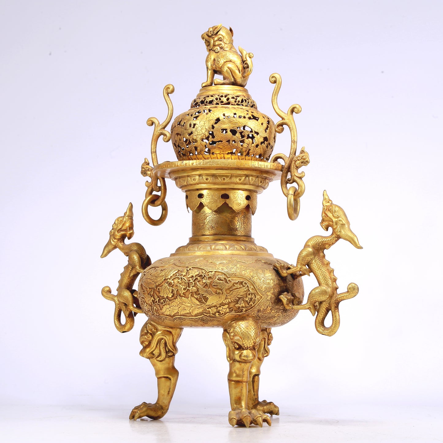 An Excellent Gilt-Bronze 'Scrolling Lotus& Dragon' Tripod Censer