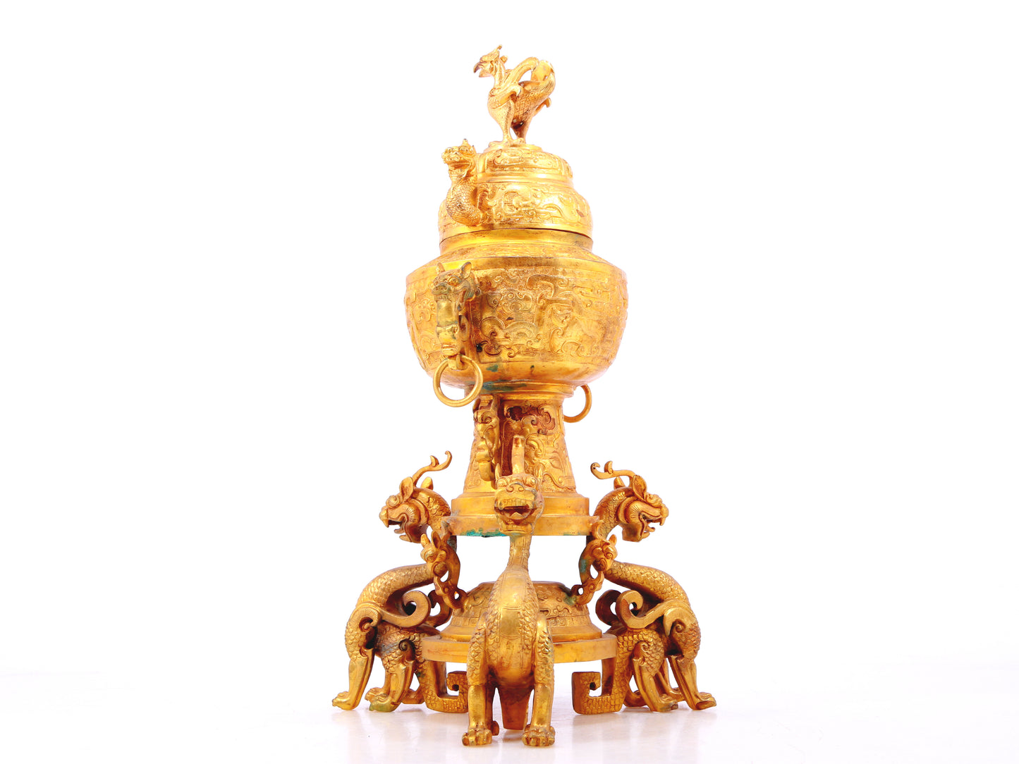 An exquisite gilt bronze double-eared stove with dragon and phoenix patterns and lid