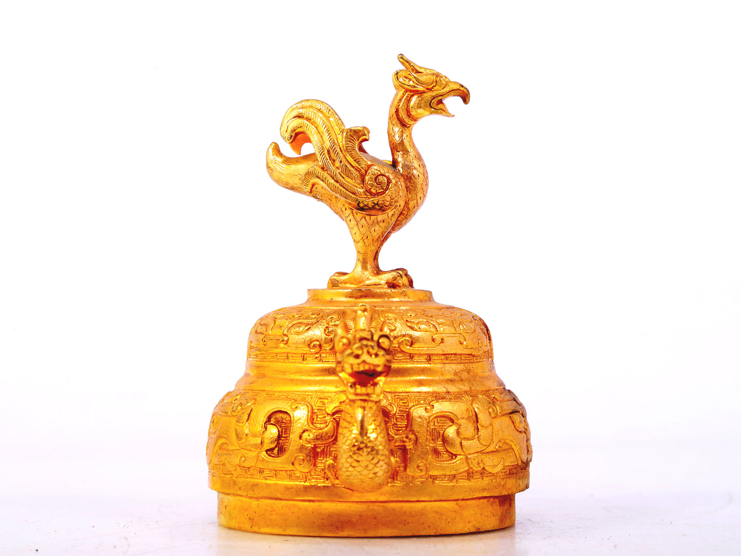 An exquisite gilt bronze double-eared stove with dragon and phoenix patterns and lid