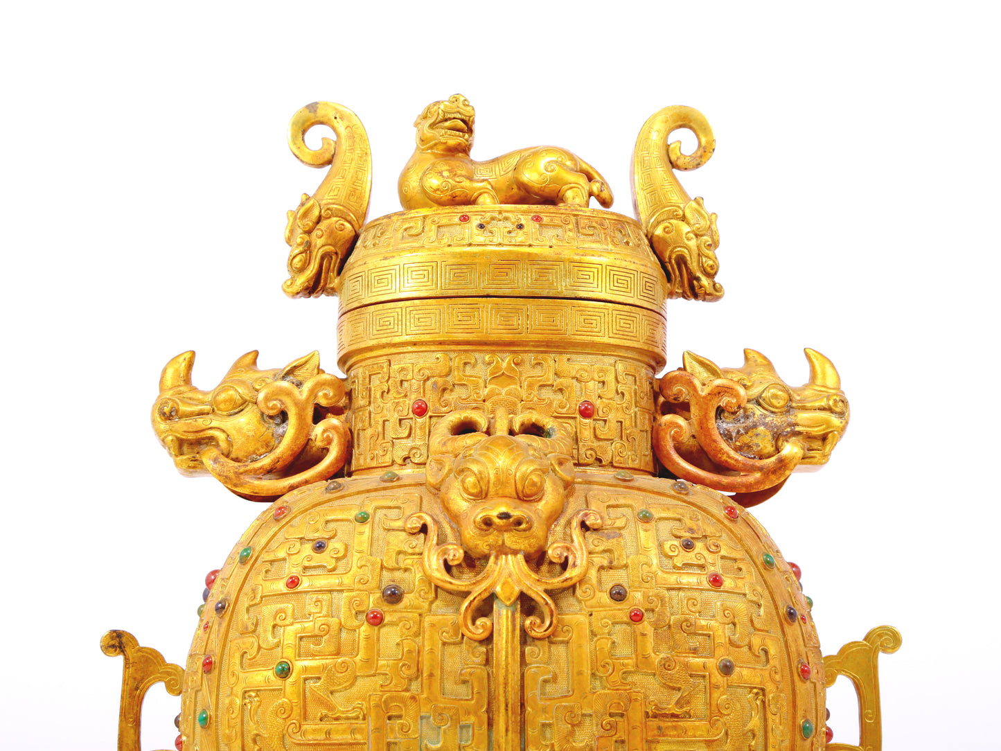 An exquisite gilt bronze double-eared stove with dragon and phoenix patterns and lid