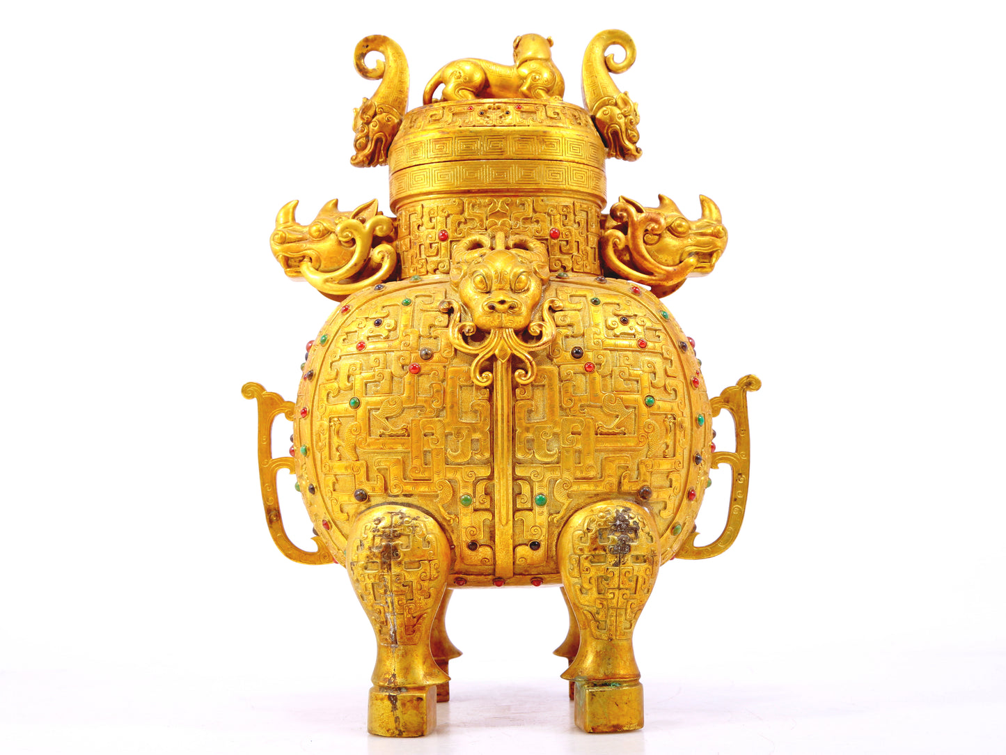 An exquisite gilt bronze double-eared stove with dragon and phoenix patterns and lid