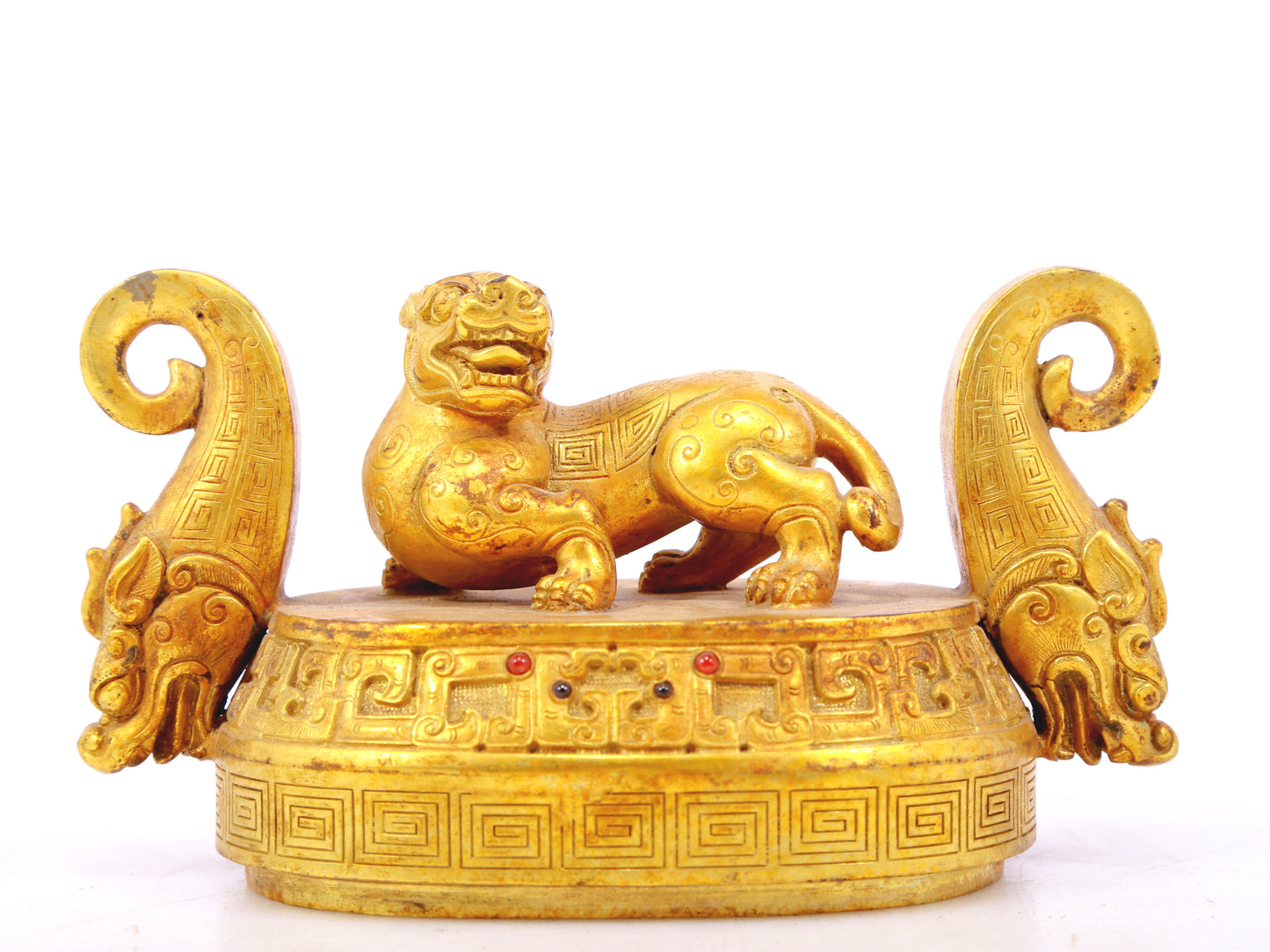 An exquisite gilt bronze double-eared stove with dragon and phoenix patterns and lid