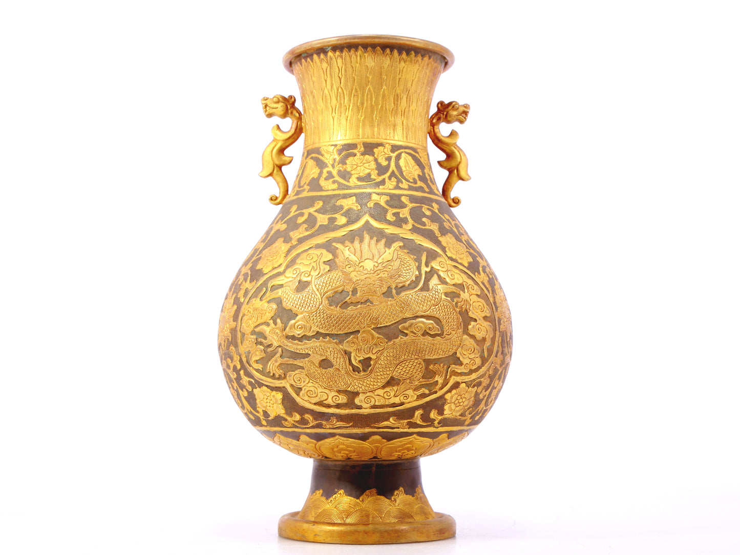 A perfect pair of gilt bronze and silver amphora with lotus and dragon patterns