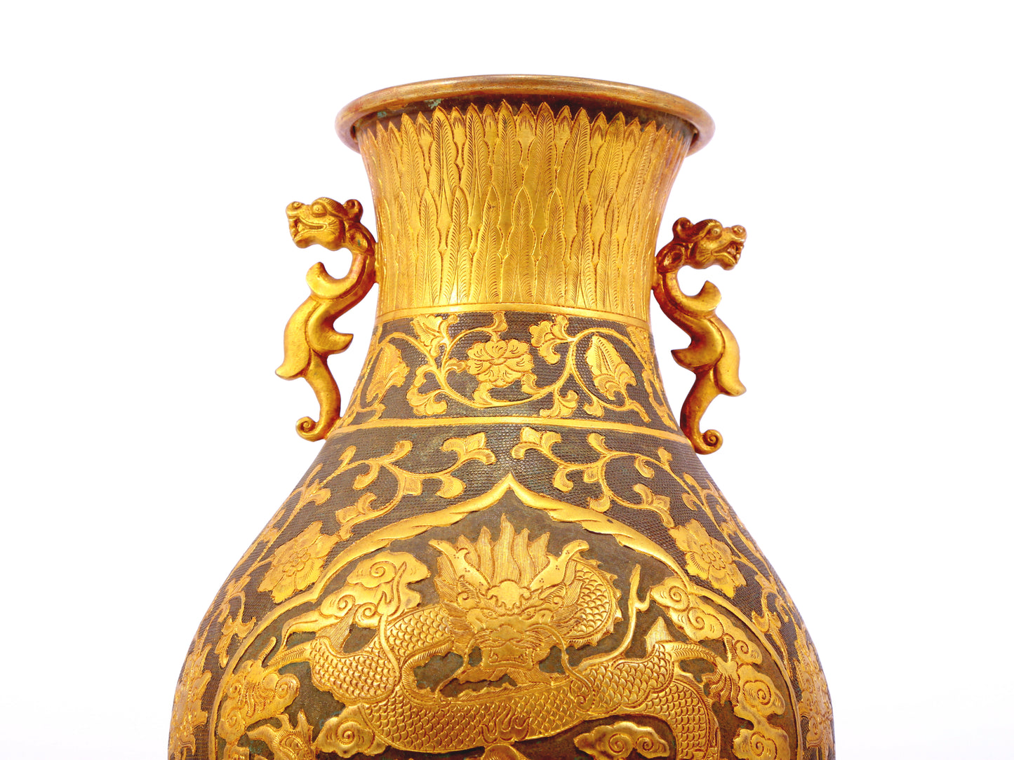 A perfect pair of gilt bronze and silver amphora with lotus and dragon patterns