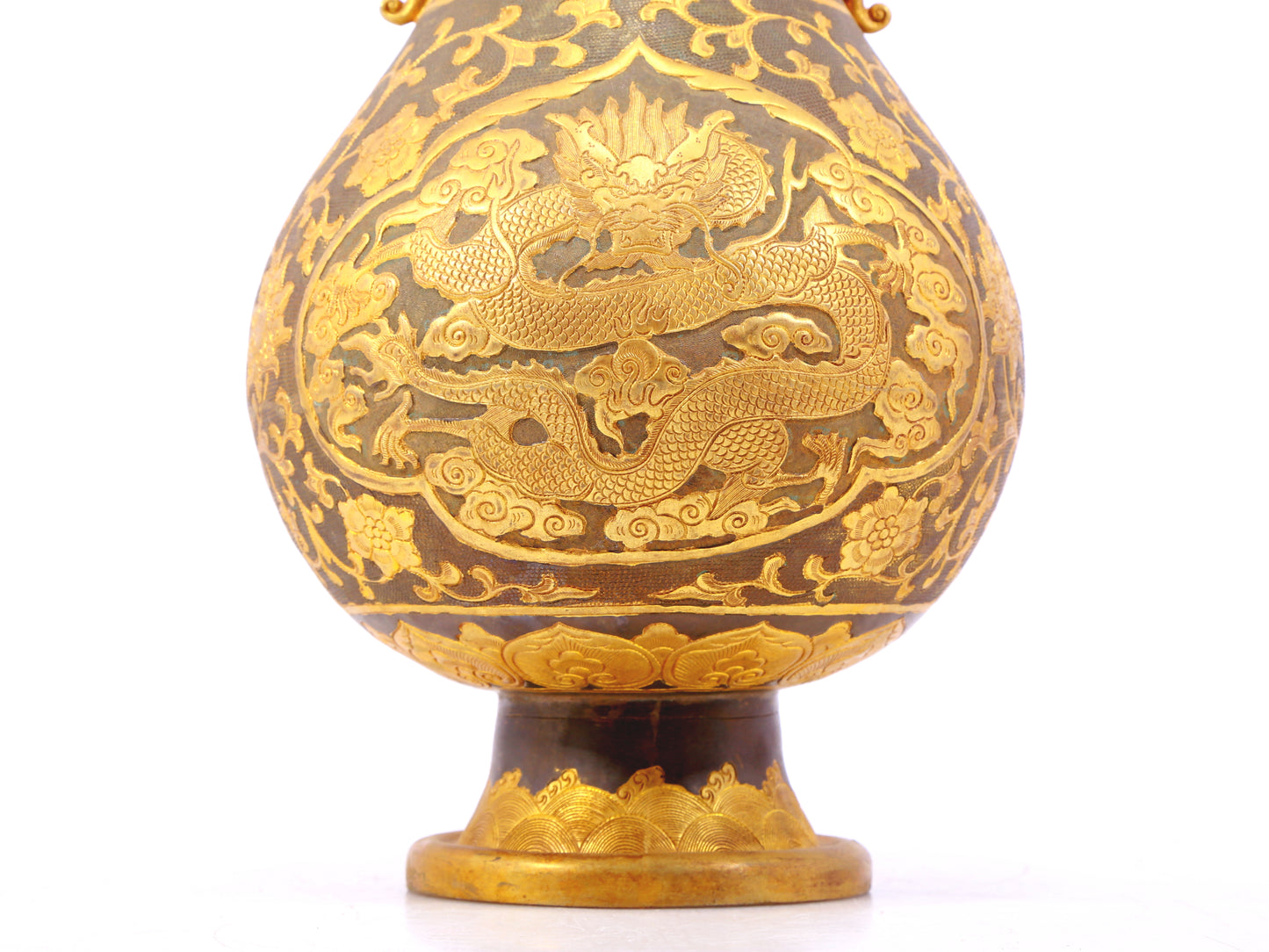 A perfect pair of gilt bronze and silver amphora with lotus and dragon patterns