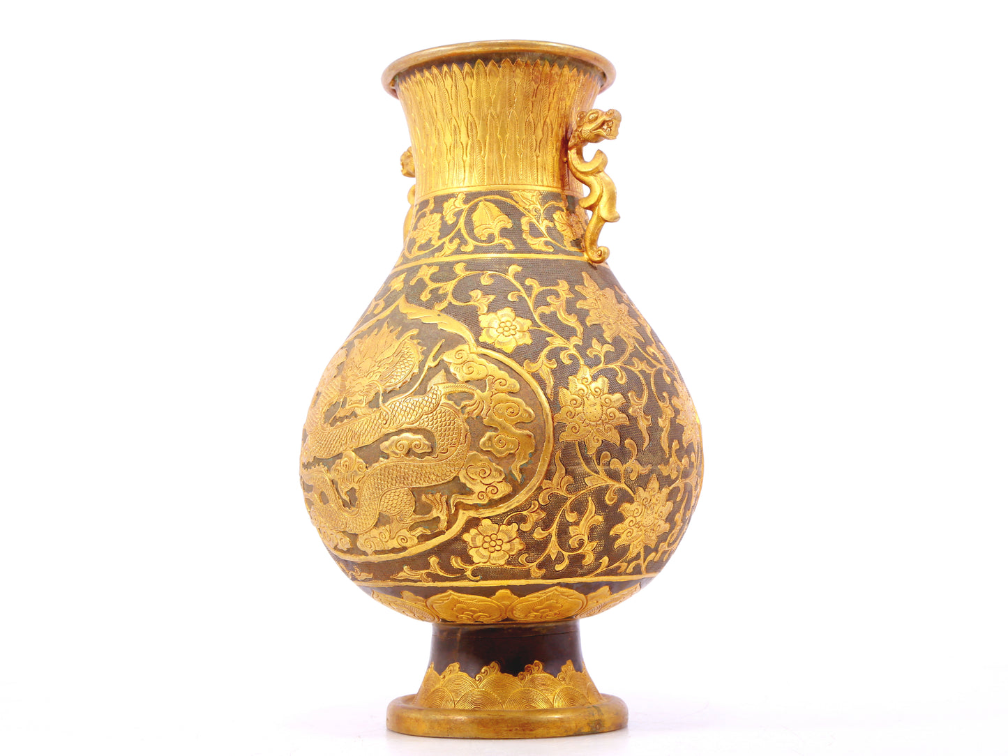 A perfect pair of gilt bronze and silver amphora with lotus and dragon patterns