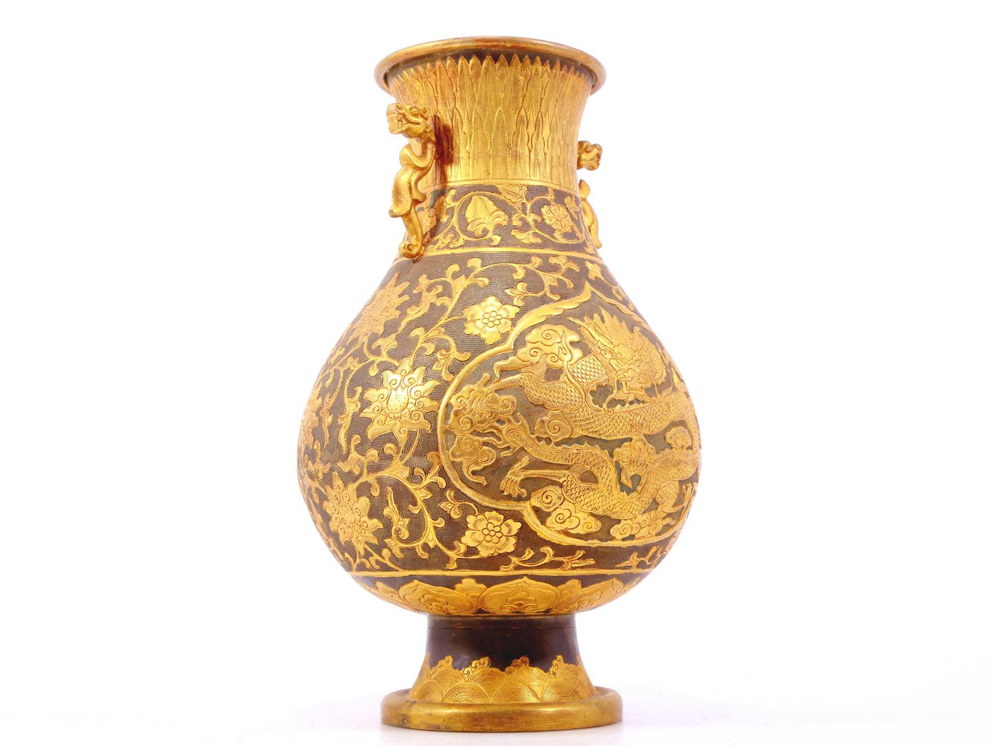 A perfect pair of gilt bronze and silver amphora with lotus and dragon patterns