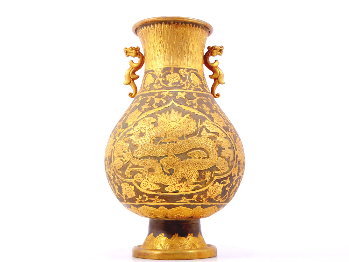 A perfect pair of gilt bronze and silver amphora with lotus and dragon patterns