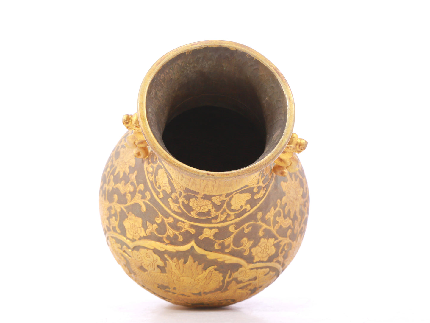 A perfect pair of gilt bronze and silver amphora with lotus and dragon patterns