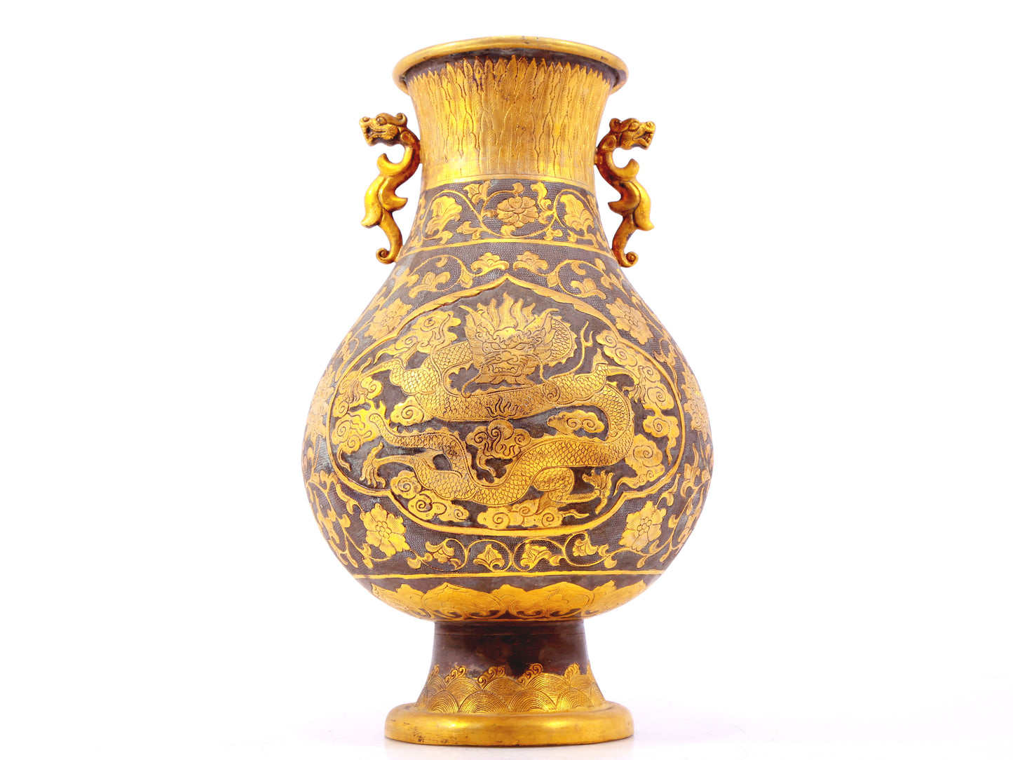 A perfect pair of gilt bronze and silver amphora with lotus and dragon patterns