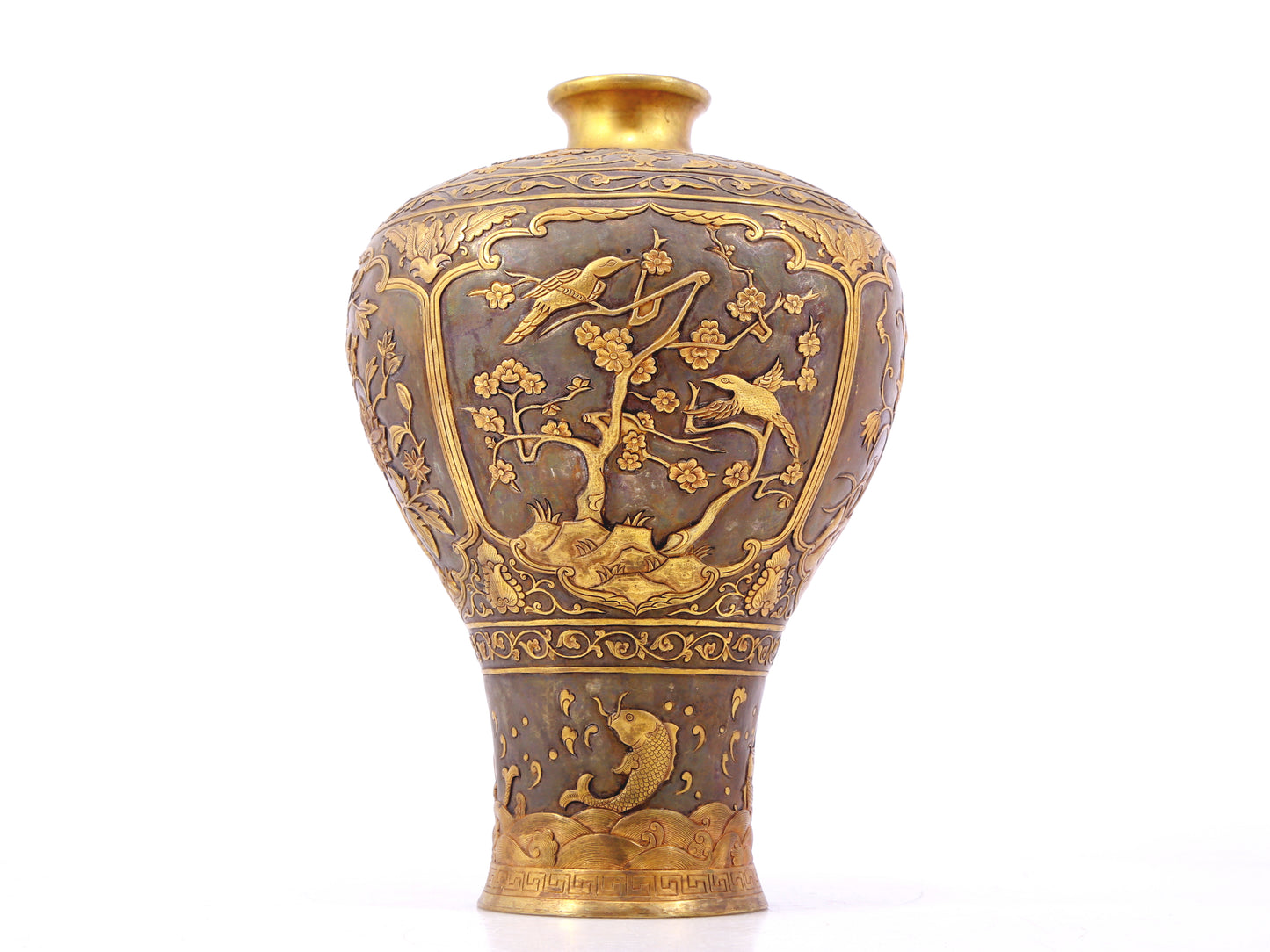 A perfect pair of gilt bronze and silver vases with flowers and birds