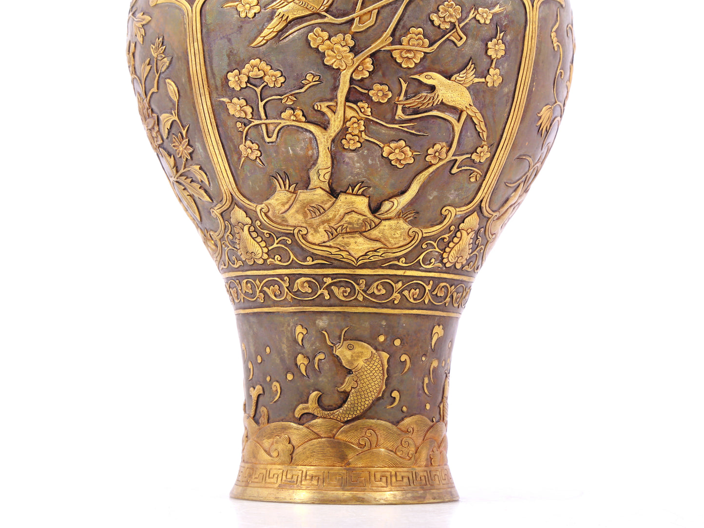 A perfect pair of gilt bronze and silver vases with flowers and birds