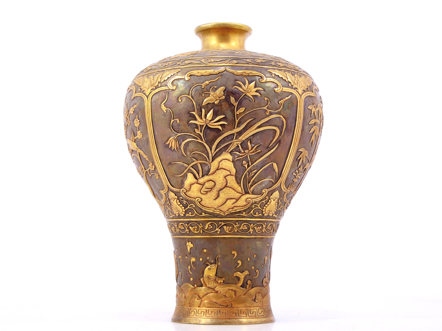 A perfect pair of gilt bronze and silver vases with flowers and birds